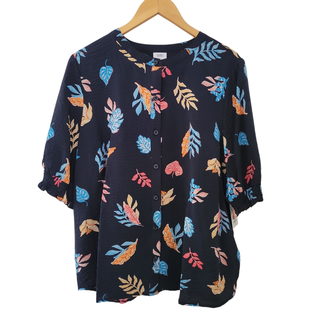 Croft & Barrow Navy Blue Leaf Print Classic Button-Up Blouse